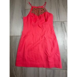 Lilly Pulitzer Pink Cotton Shift Dress Gold Embroidery Halter Neck Size 10
